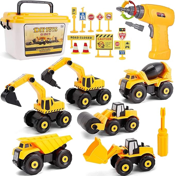 Easy to Build Your Vehicles: The detailed assembly instruction is included in the box. Truck Car Toys with Electric Drill, Construction Vehicles Building Excavator Toy STEM Trucks Vehicle Set for Kids,