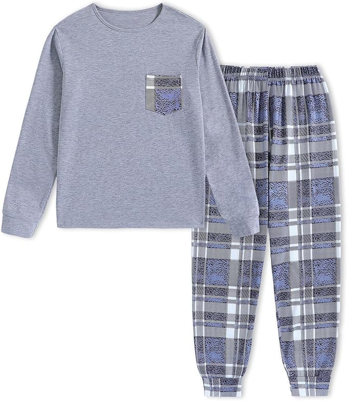 Suitable for sleeping, lounging, casual home wear, and more, these children pajamas set are a versatile choice,  Pajamas Boys Long Sleeve Plaid Pjs Set Tween 2-Piece Gray Sleepwear Loungewear