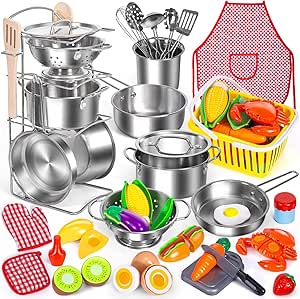 32 Items Stainless Steel Toy Pots and Pans Sets w/Rack Organizer, Metal Cooking Utensils & Holder, Apron Play Food Basket for Kids Girls Boys
