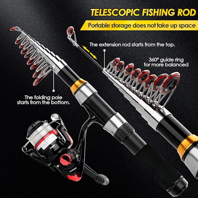 2pcs spinning fishing reel with pre-spooled fishing line, making it easy to start fishing right away. Portable Fishing Rod Kit for Travel Saltwater Freshwater