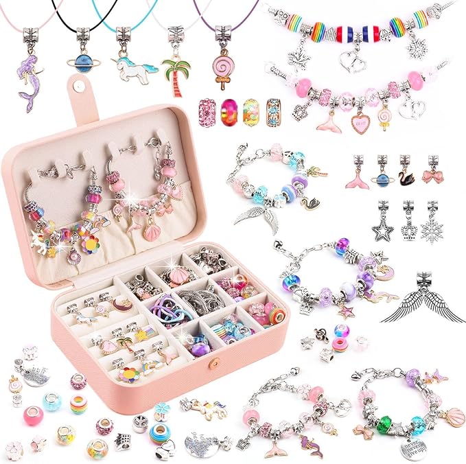 Charm Bracelet Making Kit - Girls 120 Pcs DIY Beaded Jewelry Making Kit, Portable Bracelet Organizer Box, jewelry making kit for girls come with a Large-capacity jewelry box