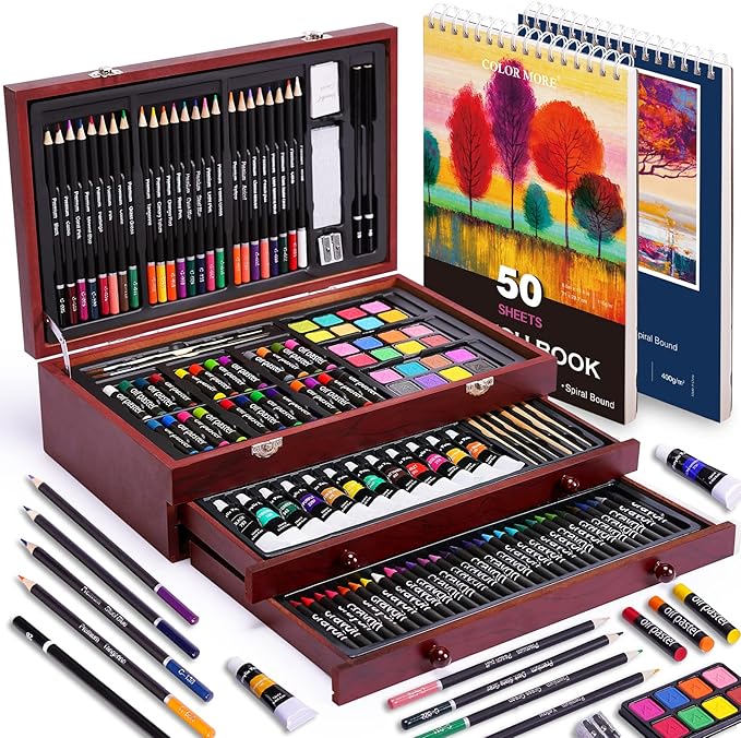 Art Set with 2 Drawing Pads, Acrylic Paints,Crayons,Colored Pencils,Paint Set in Wooden Case,Professional Art Kit,Art Supplies for Adults,Teens and Artist,Paint