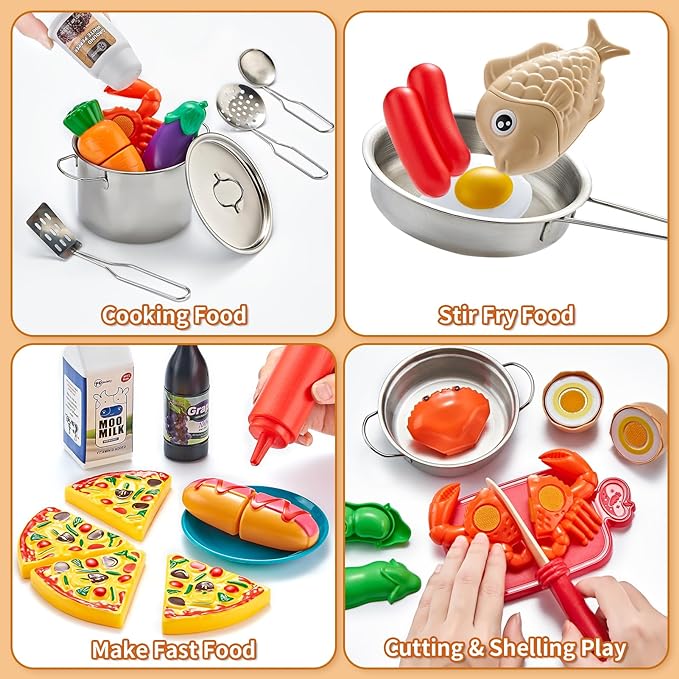 play food for kids kitchen is the right choice for any toddler, Kids Kitchen Playset with Play Food, Stainless Steel Cookware, Kitchen Toys Pots and Pans