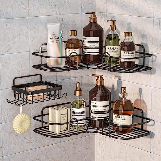 3-Pack Shower Caddy Corner Basket Shelf with Soap Holder, No Drilling Traceless Adhesive Shower Wall Shelves, Rustproof Black Bathroom Shower Storage Organizer