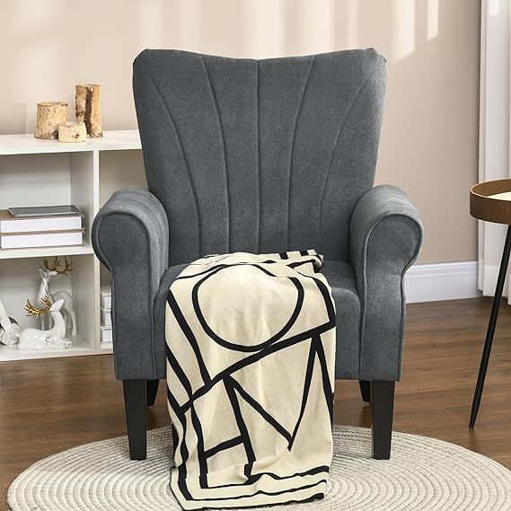 Club Chair with Wood Frame and Thick Padding, Light Grey, Mid-Century Modern Accent Chair, Linen Upholstery Armchair,