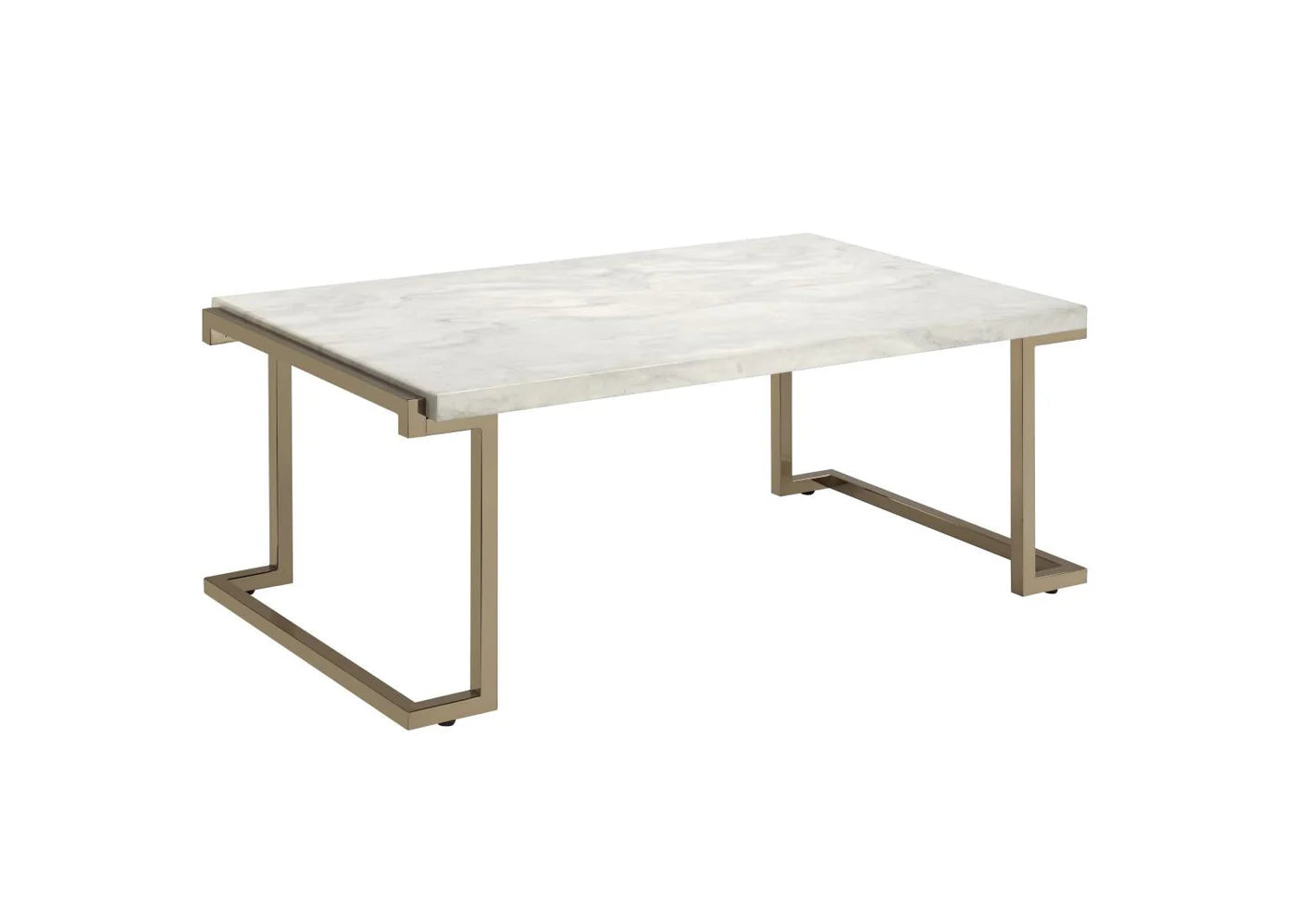 The modern lines of the base with its open return base and simple form top,  Marble Look Coffee Table