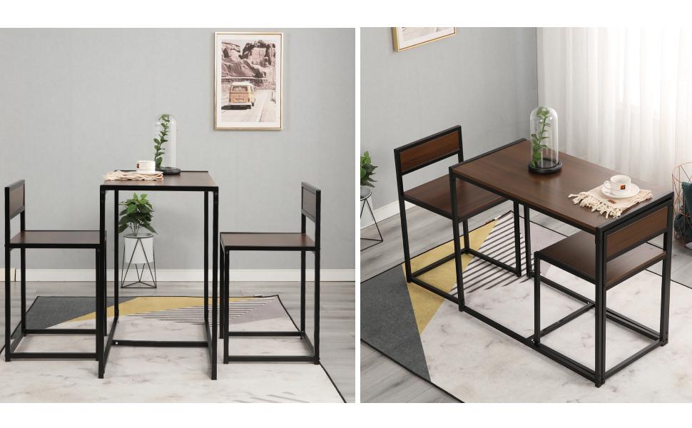 3 Pieces Bar Table and Chairs, Counter Height Table Set for Patio, Dining Room, Kitchen