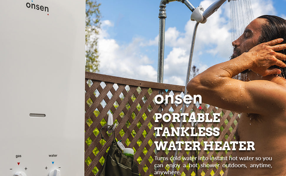 Onsen - 5L Portable Tankless Propane Water Heater - Dual Ignition System - Instant Hot Water - for Camping & Outdoor Use Only - with LED Screen, Premium Shower Head, & 12-Volt Alligator Clips