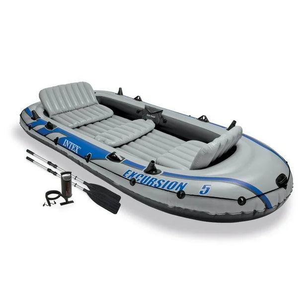 high-output pump for easy inflation and deflation. If you'd rather be boating and the lake is your happy place this is for you, Boat Set w/2 Oars & Eight Speed Trolling Motor - 5 People