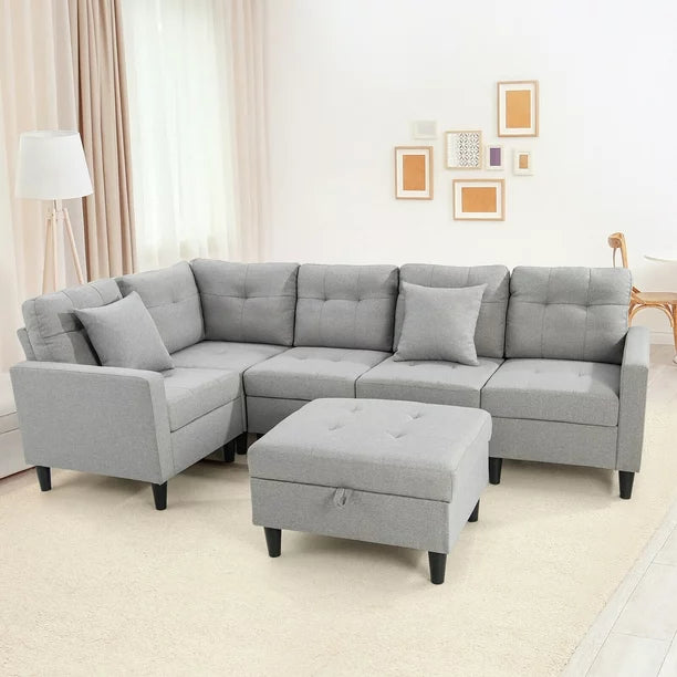 L-shaped Sectional Corner Sofa Set Living Room Furniture w/ Storage Ottoman Grey
