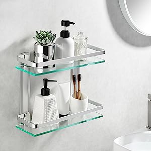 Shelves Glass Shelf 15 Inch, Rectangular Tempered Glass Shelf Wall Mount, Polished, 2 Pack,