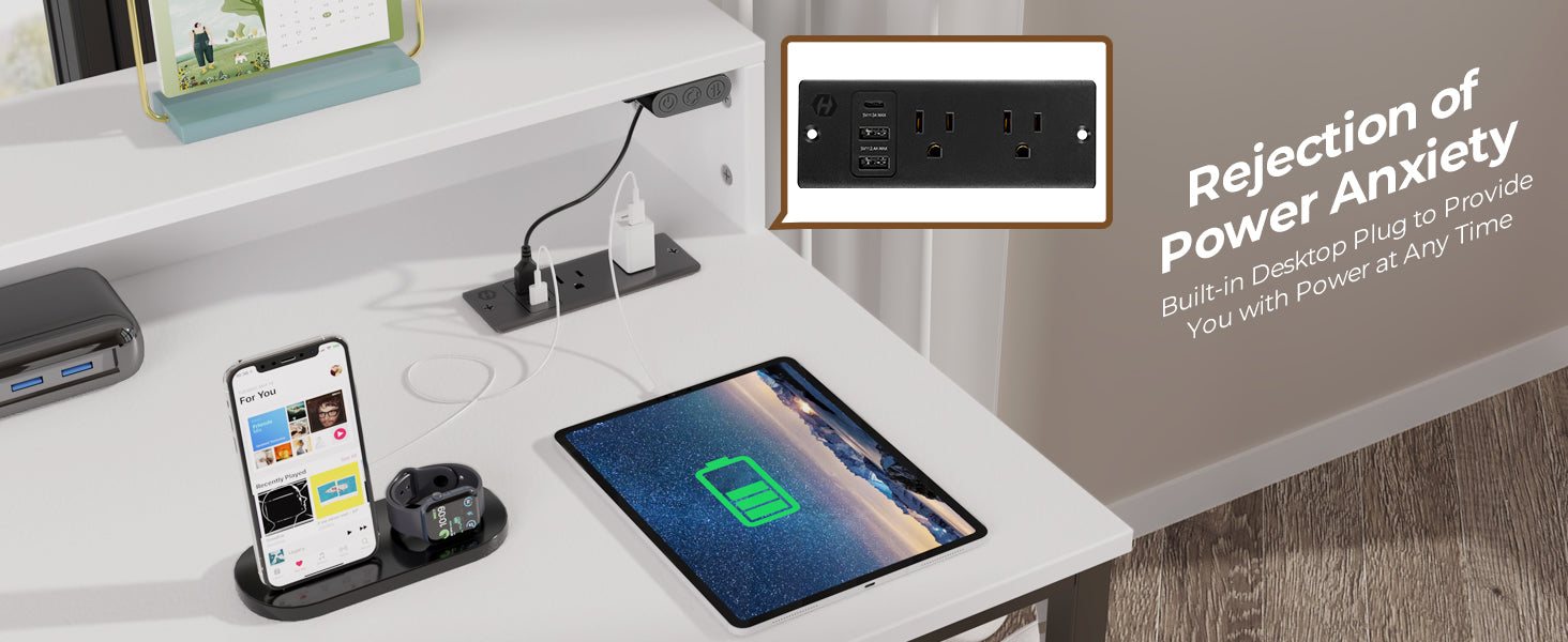 LED Lights Desk with Storage Shelf, Power Outlets, Height Adjustable Electric