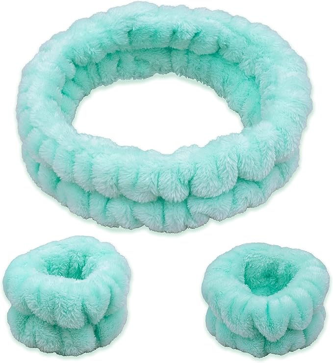 This cute elastic facial headband measures 17 inches around; Wrist bands measure 6.5 inches around; Best fits teens and adult women