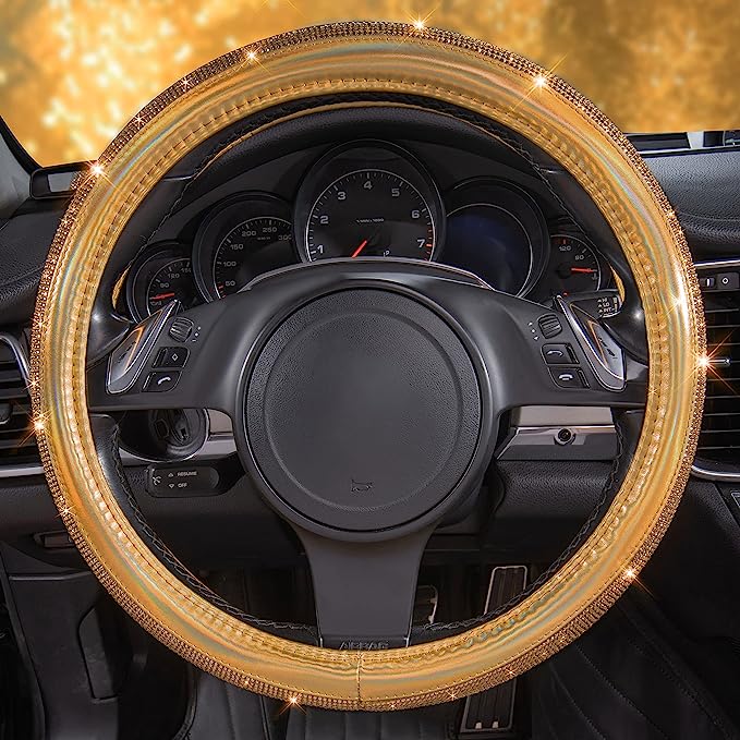 Golden Crystal Glitter Wheel Cover made of durable microfiber leather and diamond, consisted hundreds of shiny rhinestones. Super Sparkly, Better Spotlight, Non-Dropping Diamond, Comfortable Feelings, for Women Sparkle Girly Sparkling, Gold Leather