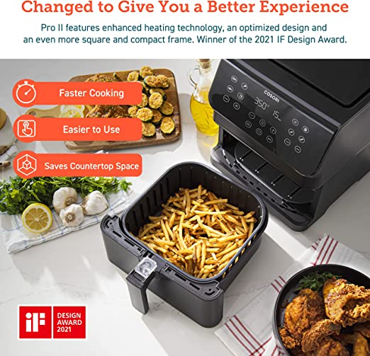 Cosori Proii Air Fryer Oven Combo, 5.8qt Max Xl Large Cooker with 12 One-touch Saveable Custom Functions, Cookbook and Oneline Recipes, Nonstick and Dishwasher-safe Detachable Square Basket