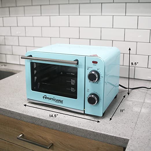 Elite Gourmet Americana ETO1200BL# Vintage Diner 50’s Retro Countertop Toaster Oven, 1300W, Bake, Broil, Toast, with Temperature Control 60-Minute Timer, Fits 9” Pizza, 4 Slice, Retro Blue
