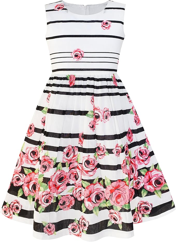 The dress is a sleeveless sundress featuring a white background with a printed green clover pattern. Its classic and simple design makes it versatile for various occasions. Primarily