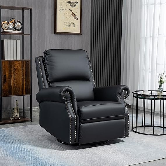Supported with a steel frame for enhanced stability, PU Leather Padded Cushion and Backrest for Living, 360° Swivel Rocking Armchair