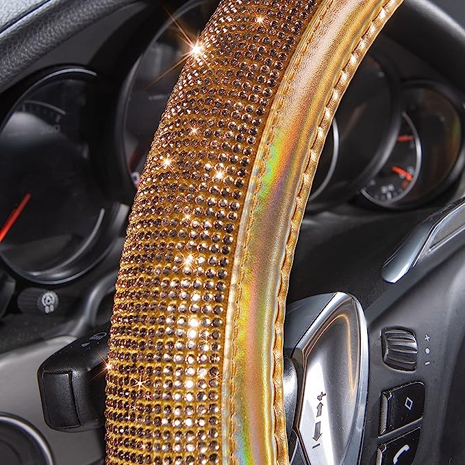 Golden Crystal Glitter Wheel Cover made of durable microfiber leather and diamond, consisted hundreds of shiny rhinestones. Super Sparkly, Better Spotlight, Non-Dropping Diamond, Comfortable Feelings, for Women Sparkle Girly Sparkling, Gold Leather
