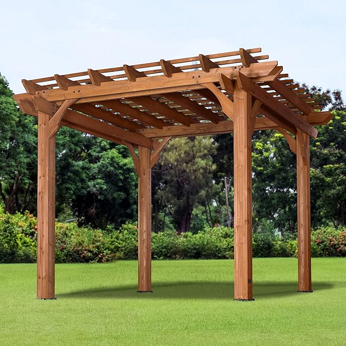 This outdoor is the perfect addition to any DIY your backyard deck and/or patio.Wind Secure, Strong, Quality Made, Rot Resistant, Concrete Anchors,10' by 10' Cedar Wood