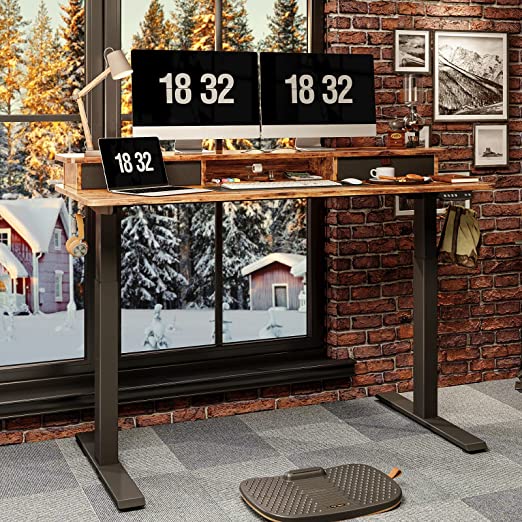 55 x 24 Inch Stand Up Table with Storage Shelf,Adjustable Electric Standing Desk with Double Drawer