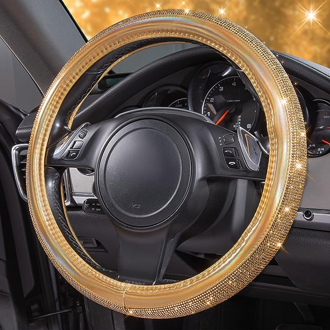 Golden Crystal Glitter Wheel Cover made of durable microfiber leather and diamond, consisted hundreds of shiny rhinestones. Super Sparkly, Better Spotlight, Non-Dropping Diamond, Comfortable Feelings, for Women Sparkle Girly Sparkling, Gold Leather