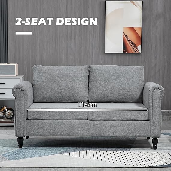 Crafted with solid eucalyptus wood and a metal frame supported by rubberwood legs,2 Seater Sofa with Rolled Arms, Gourd-Shaped Rubber Wood Legs
