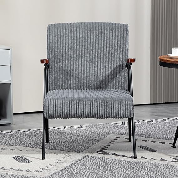 Steel Frame for Living Room, Modern Accent Chair, Corduroy Fabric Armchair Chair with Wood Arms