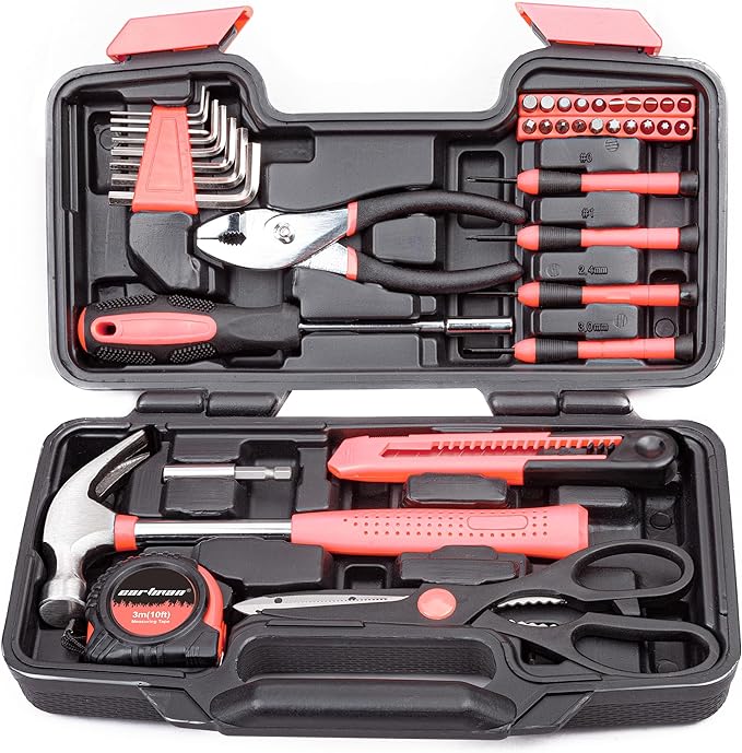 Tool Kit with Plastic Toolbox Storage Case-Pink 39-Piece Tool Set,