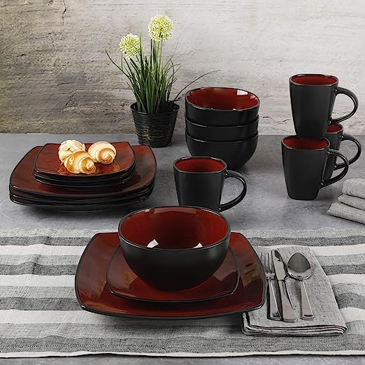 Dinnerware Set 16 Piece,  Kitchen Plates And Bowls Set with Mugs,Microwave Safe, Black - red