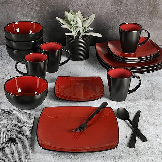 Dinnerware Set 16 Piece,  Kitchen Plates And Bowls Set with Mugs,Microwave Safe, Black - red