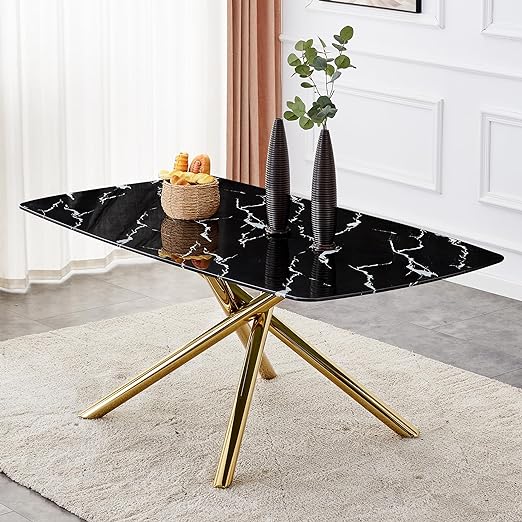 63-inch glass kitchen table seats 6-8, fusing modern design with everyday functionality.Dining Table with Golden Cross Leg Dinner Table for Kitchen Office Restaurant