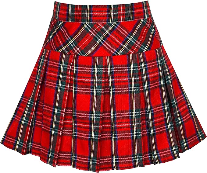 This girls skirt features a plaid pattern, a pleated design, and an elastic waistband. Inspired by school uniforms and classic tartan styles