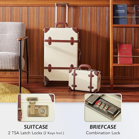 vintage luggage set marries attractive retro look with dependable functionality, Carry On Briefcase, Large 24" Trunk Small 12" Train Case Leather Travel Bag Set