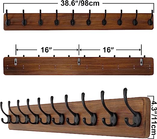Rustic Coat Rack Wall Mount with 5 Triple Hooks, – 16 Inch Heavy Duty Solid Pine Real Wood –