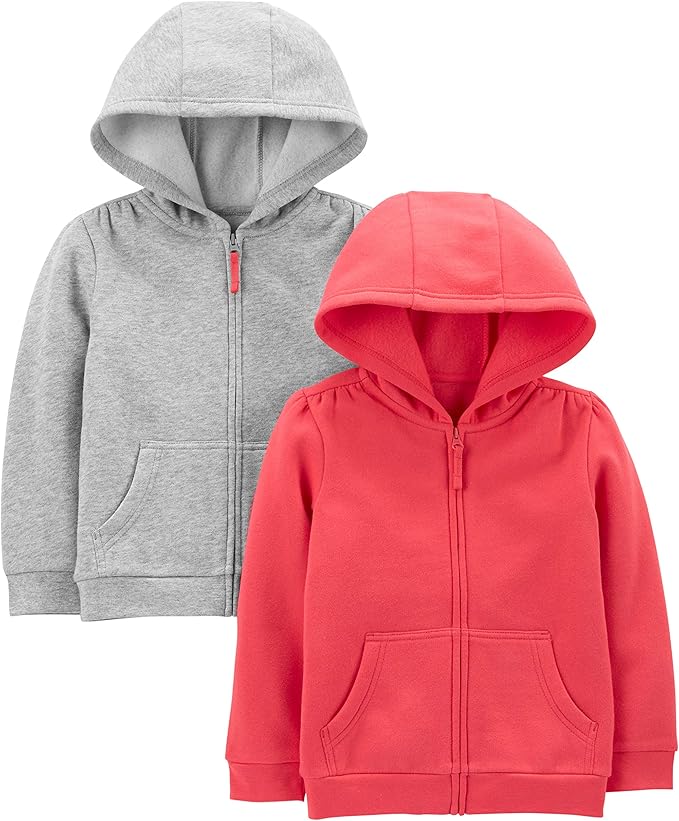 kangaroo pockets, elastic cuffs and hem, medium thickness and weight, basic and casual hooded sweatshirt, Girls 2-Pack Fleece Full Zip Hoodies Hooded Sweatshirt