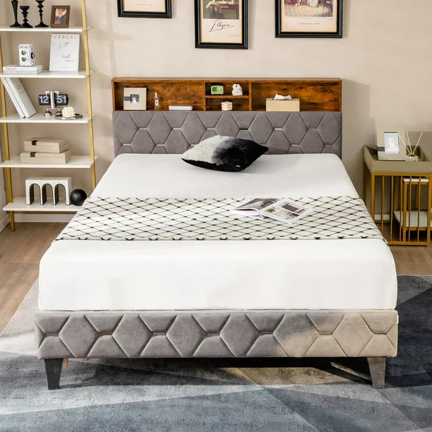 Queen Bed Frame Upholstered Platform Mattress Foundation with Storage Headboard