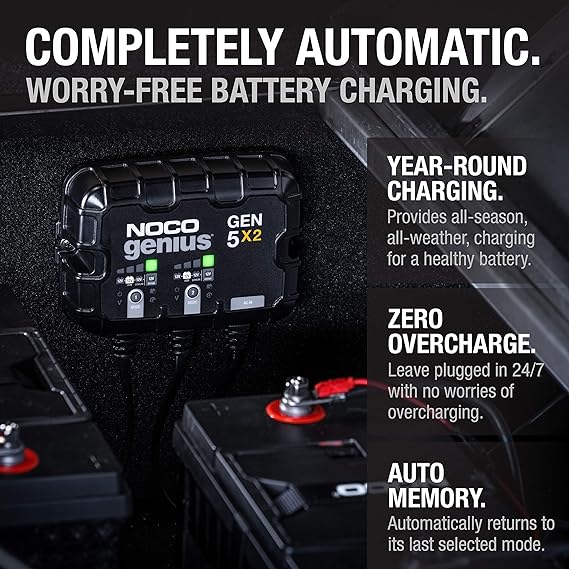 An integrated thermal sensor detects the ambient temperature and alters the charge to eliminate over-charging in hot climates and under-charging in cold climates. 10A (5A/Bank) Smart Marine Battery Charger,