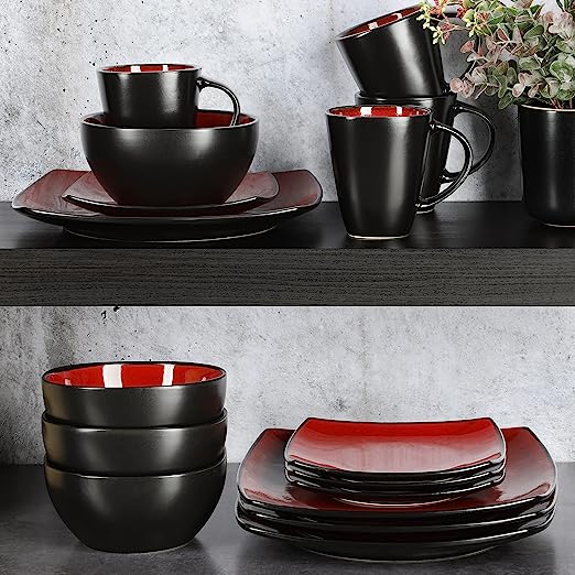 Dinnerware Set 16 Piece,  Kitchen Plates And Bowls Set with Mugs,Microwave Safe, Black - red