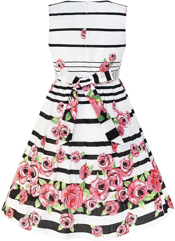 The dress is a sleeveless sundress featuring a white background with a printed green clover pattern. Its classic and simple design makes it versatile for various occasions. Primarily