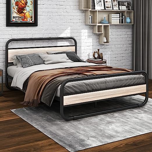 Headboard/USB Charging Station Queen Bed Frame with Wooden Headboard,Metal Platform Bed Frames with Strong Slat Support,No Box Spring Needed