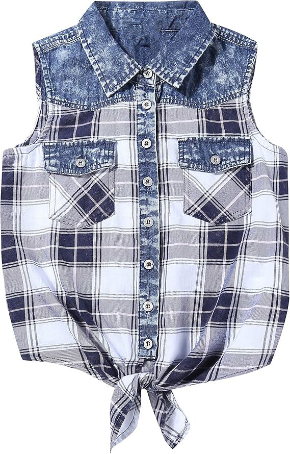 Made of lightweight cotton fabric, our blouse is a choice for giving gifts. The distressing snow wash adds a vintage touch to the blouse, Girl's Plaid Denim Sleeveless Tie Front Blouse Casual Tank Top