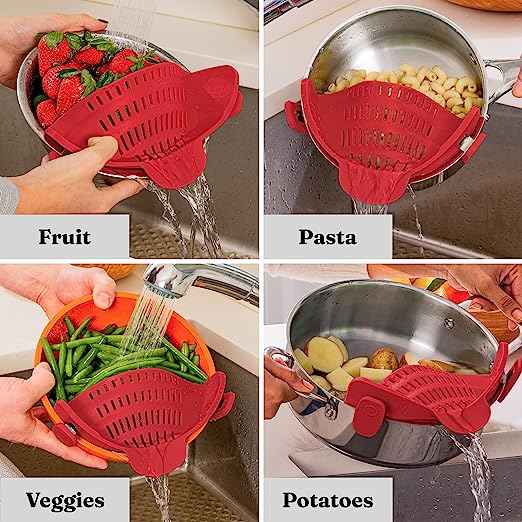 Kitchen Pan Strainer SNAP'N Strain, Clip-on Silicone Strainer Colander Fits All Size Pots