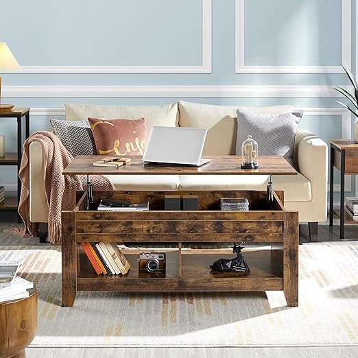 The metal adjustment mechanism helps lift the tabletop from 49cm/19.5’’ to 62cm/24.5’’ easily and without noise.Lift Top Coffee Table with Hidden Storage Compartment & 2 Open Shelves,