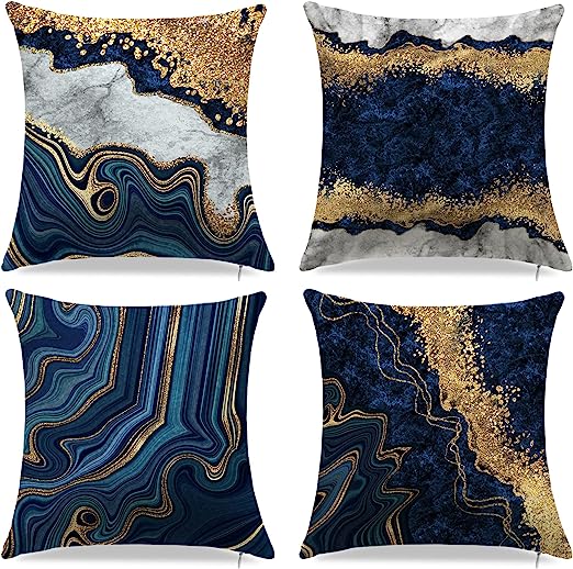 Decorative Throw Pillow Covers Velvet Gold Marble Home Decoration Sea Soft Cushion Decor Cases 18X18 Set of 4 for Sofa Bedroom Couch