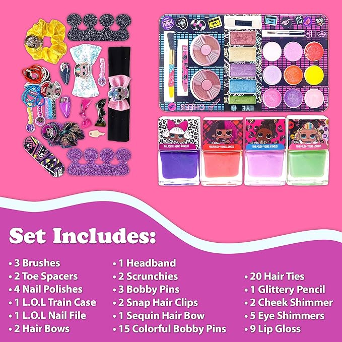 Case Cosmetic Makeup Set includes Lip Gloss, Eye Shimmer, Nail Polish, Hair Accessories, Make up Set (Nail Polish, Lip Gloss, Eye Shimmer, Cheek Shimmer and Brushes.) are Carefully Designed for Girls