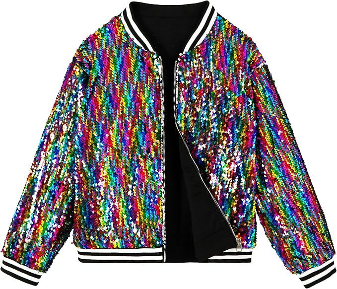 Lightweight and Stylish: Crafted from bronzing cloth and sequin mesh material, our jacket is lightweight and comfortable to wear, Girls Sequin Jacket, Long Sleeve Kids Bomber Coats with Pockets