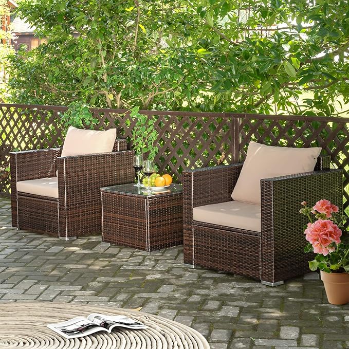 3pcs sofa set is ideal to be placed in your garden, patio, balcony, poolside and backyard.Washable Cushion and Tempered Glass Tabletop, 3 Pieces Patio Furniture Set