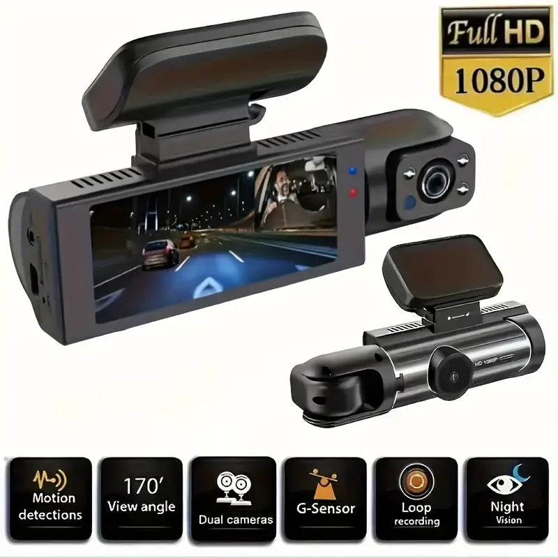 Wide Angle Car DVR Camera With 3.16 Inch IPS Screen, Dual Lens Car Dashboard Video Cam - ront And Inside, Car Camera With IR Night Vision, Loop Recording,