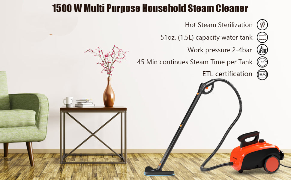 Steam Cleaner with 19 Accessories, Heavy Duty Household Steamer Chemical-Free Cleaning, 1.5L Dual-Tank Rolling Cleaning Machine for Carpet, Floor, Window and Car